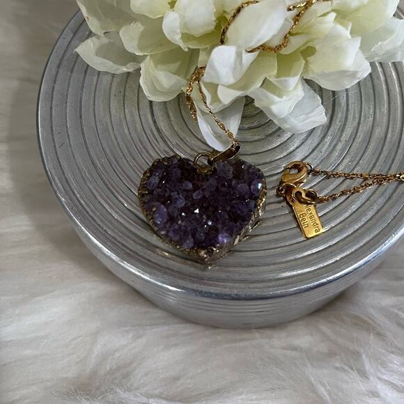NEW Alexandra Beth Vintage Geode Amethyst Druzy Heart Pendant Necklace 17” NWOT - Picture 2 of 15